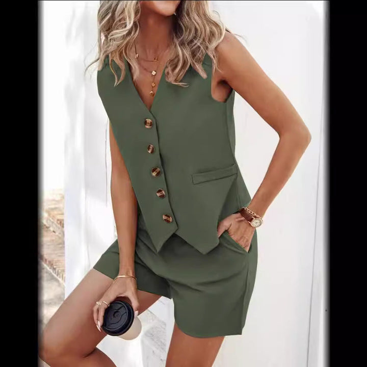 Versatile women's sleeveless blouse and shorts set, a comfortable and chic ensemble for summer.
