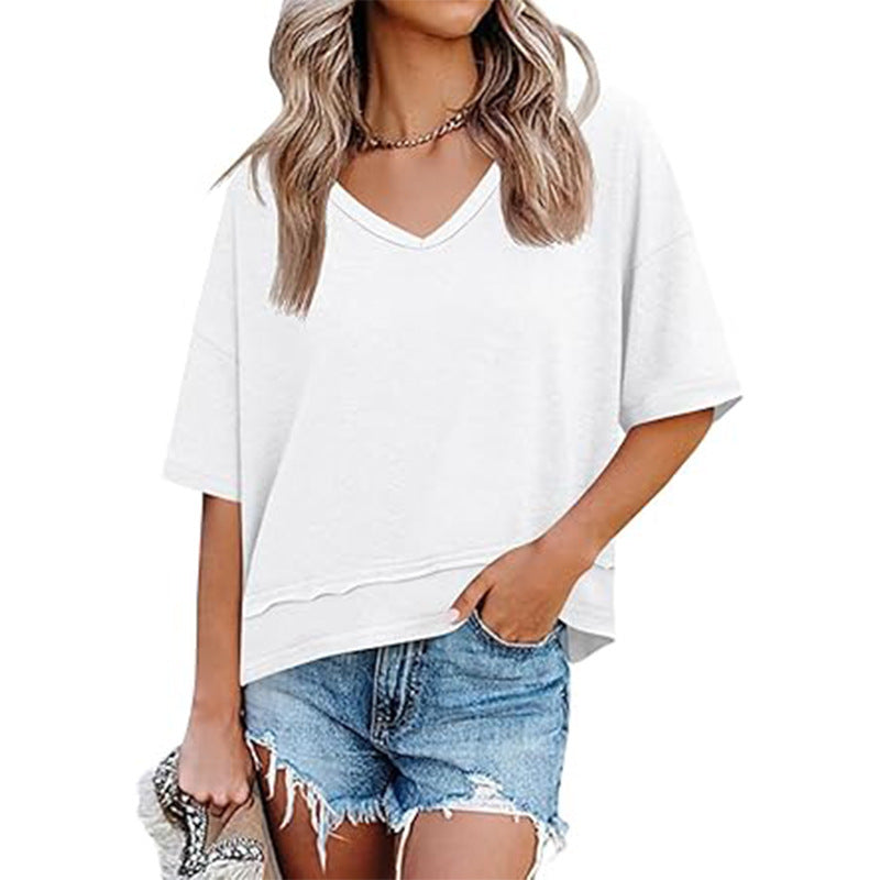 Lightweight women's loose V-neck t-shirt, an essential short sleeve casual top for comfortable spring/summer fashion.