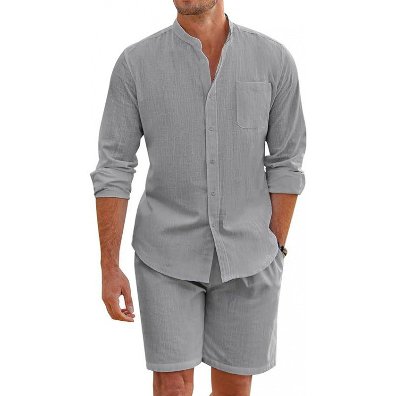 Men's stand-up collar casual shirt & matching shorts, a stylish and comfortable summer two-piece set.