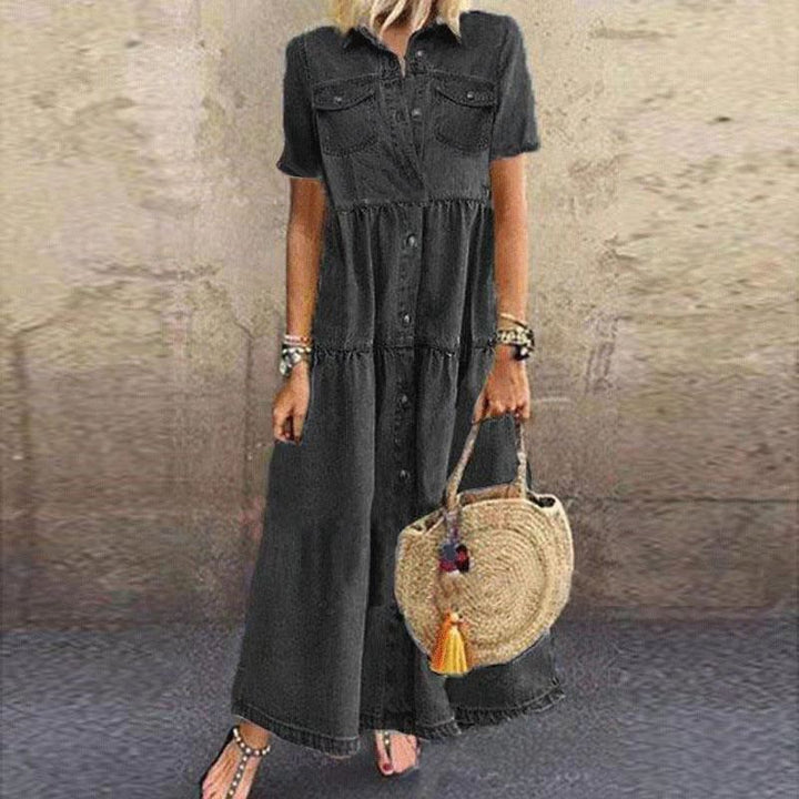 Effortless women's short sleeve maxi shirt dress. Casual button-down style, loose fit, perfect for summer days.