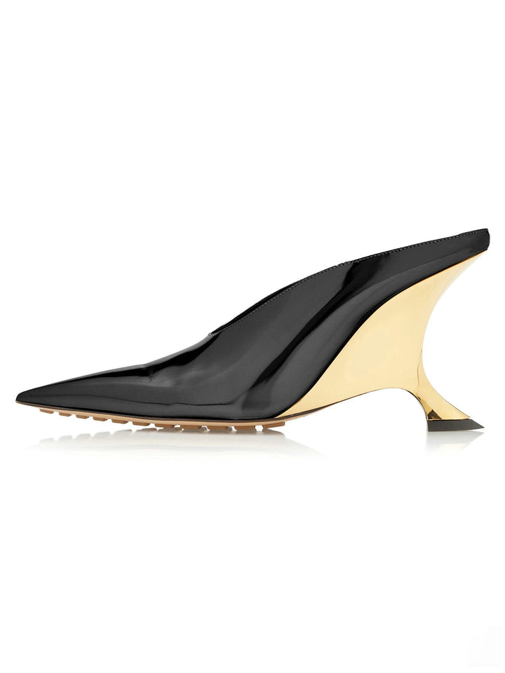 Women's elegant metallic pointed toe slip-on mules with a comfortable wedge and fashionable sculpted heel.