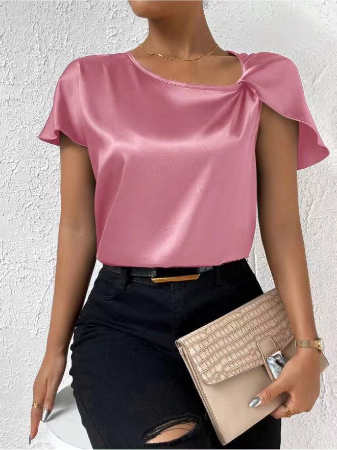 Elegant women's solid t-shirt top, round neck, short bell sleeves, and a chic front knot detail.