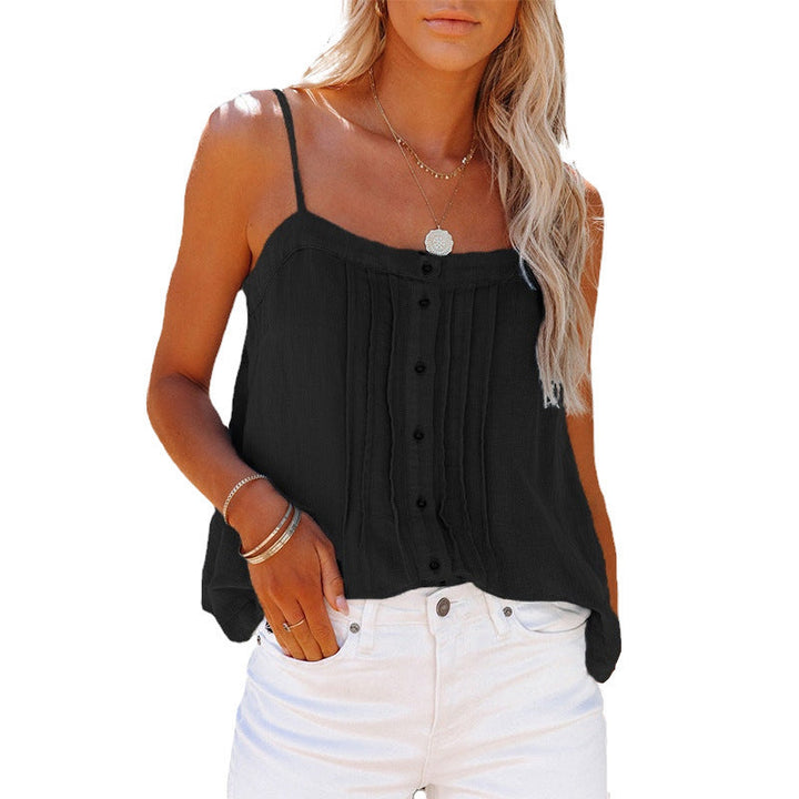Women's plaid spaghetti strap tank top with button details, perfect for summer casual wear.
