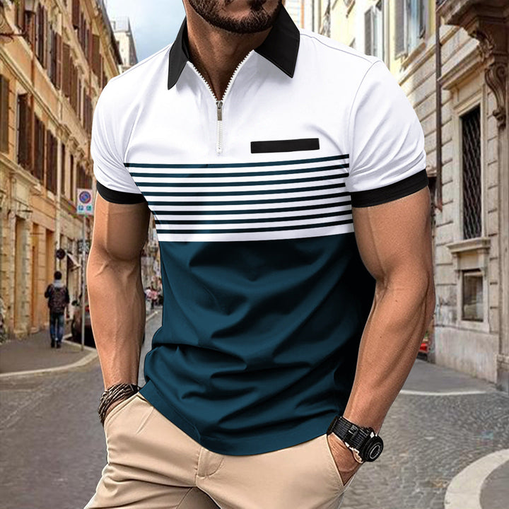 Men's zip polo shirt with modern contrast stripes, short sleeve, ideal for casual wear.