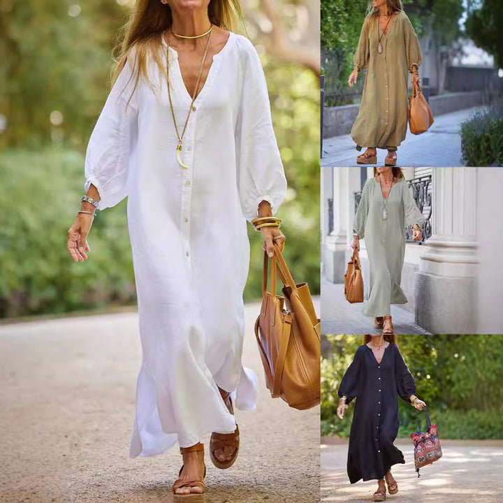 Lightweight women's summer dress, V-neck, button-down, elegant puffed sleeves.