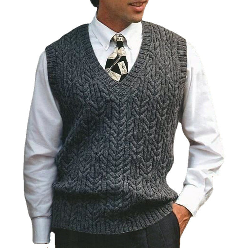 Warm men's cable knit v-neck sweater vest, essential for smart winter layering & comfort.