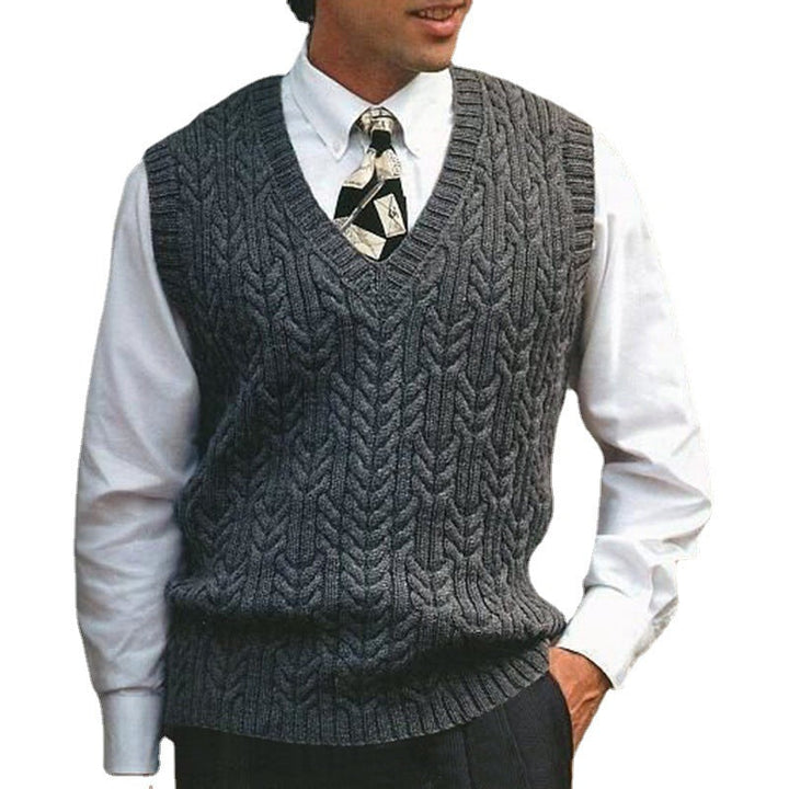 Warm men's cable knit v-neck sweater vest, essential for smart winter layering & comfort.