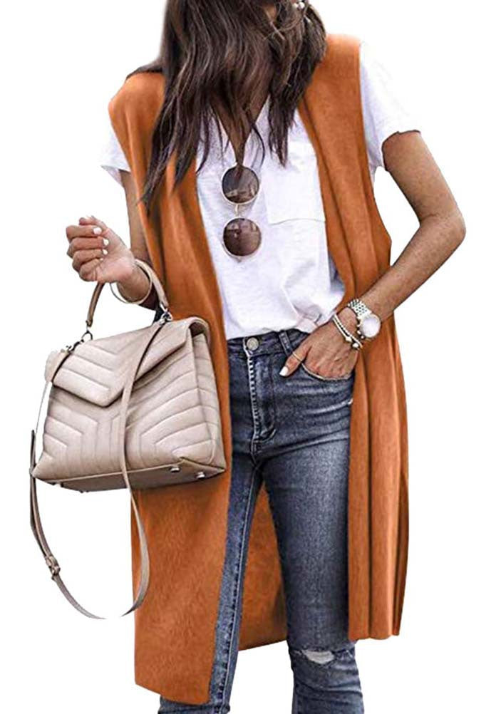Back view of women's long casual vest, emphasizing its elegant cut, modern style, and versatile layering.
