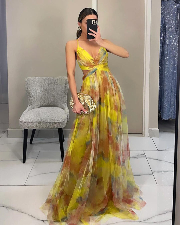 Women's sophisticated floral evening gown, perfect prom, party, or wedding guest spaghetti strap maxi dress.