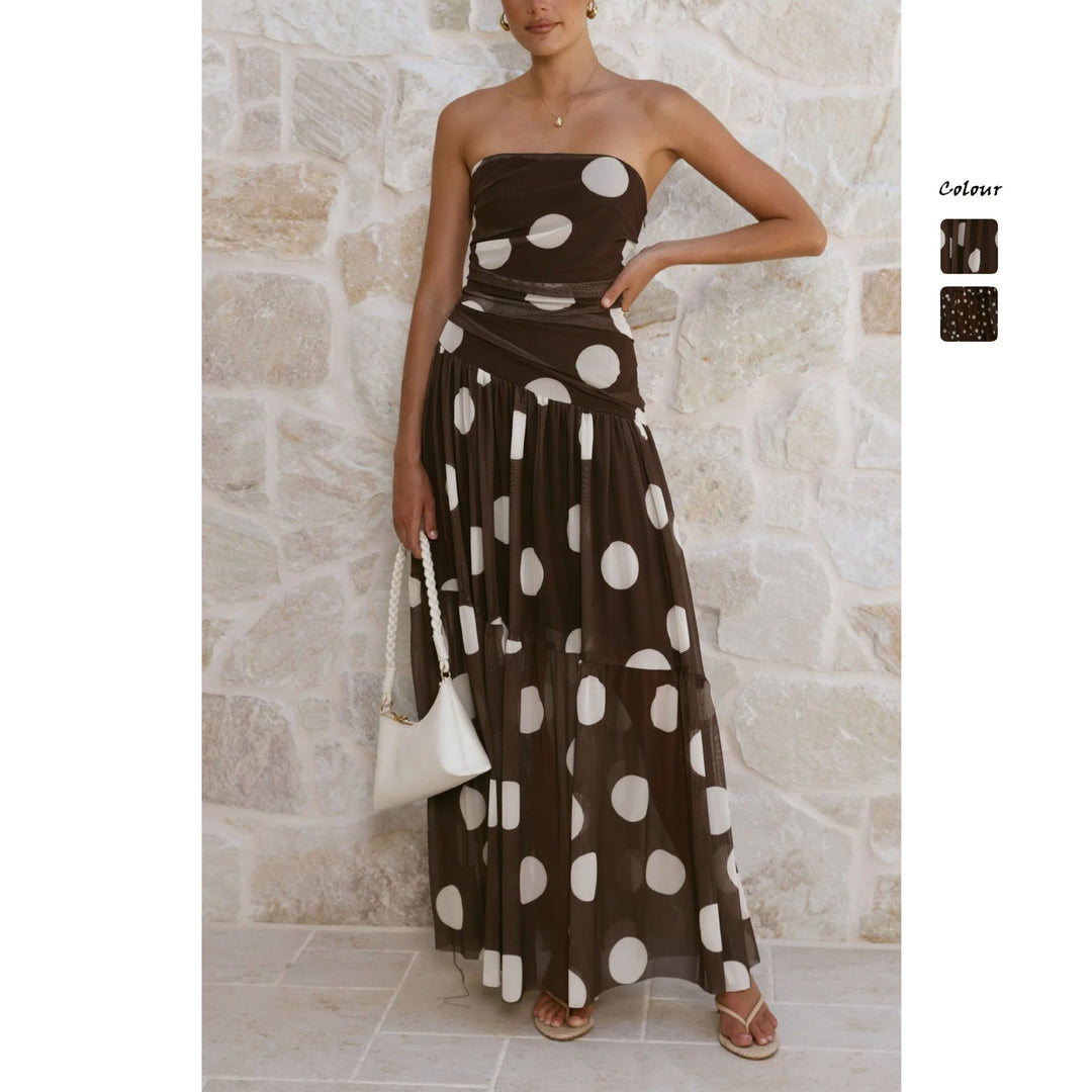Elegant women's off-shoulder polka dot maxi dress, perfect for summer, vacation, or party wear.