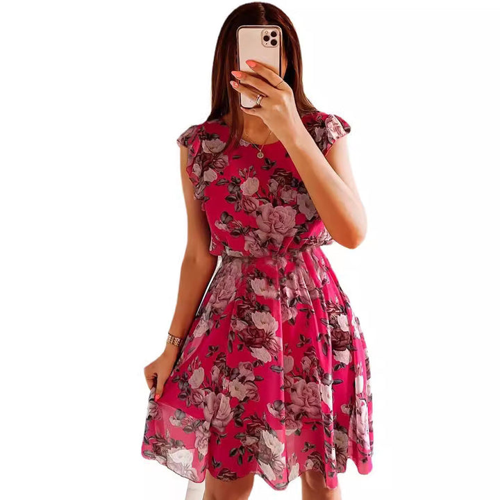 Chic women's floral midi dress with ruffle sleeves. Versatile for elegant casual, party, or summer vacation styles.