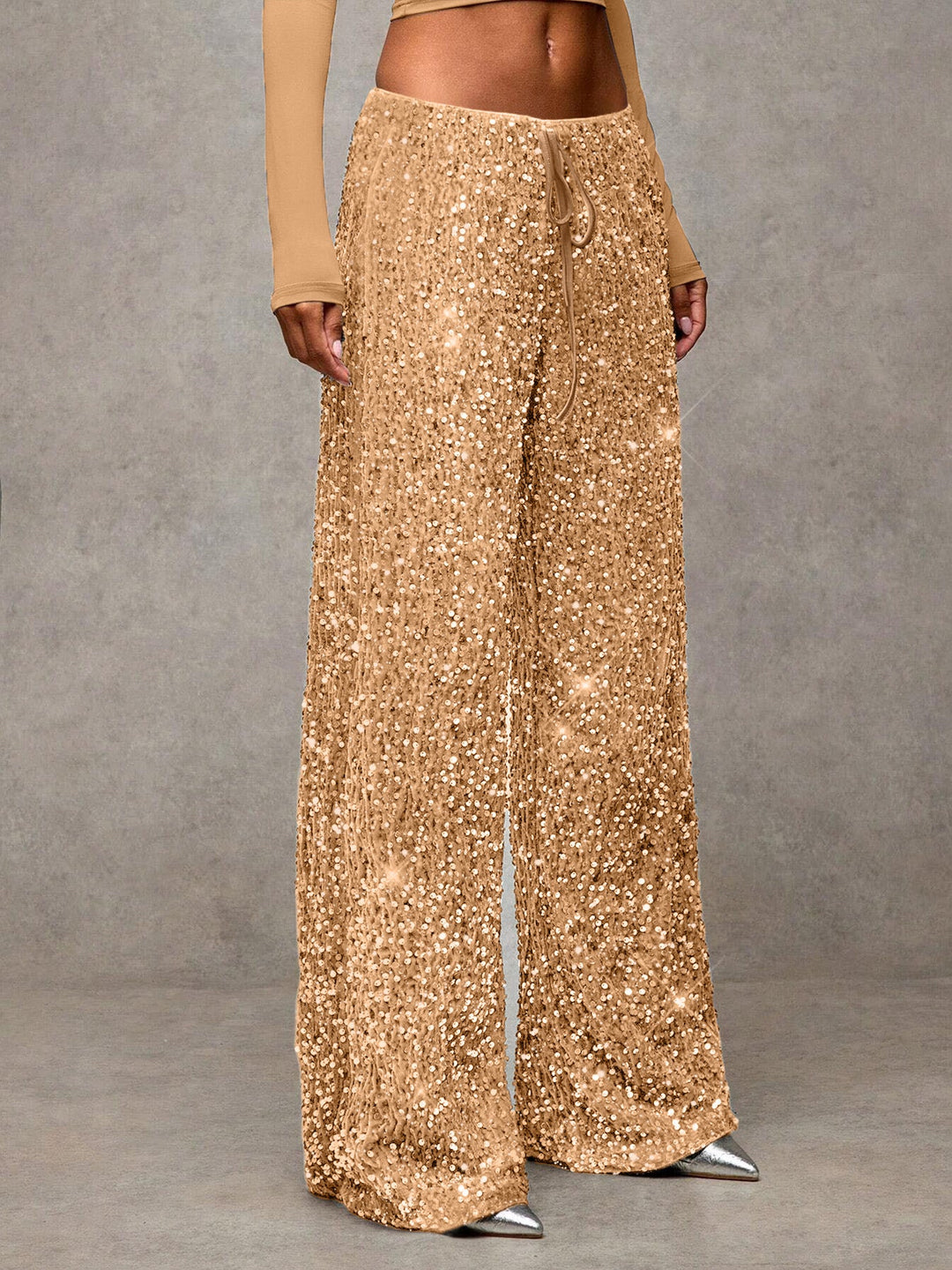 Sophisticated high-waist sequin palazzo pants, ideal for formal attire & evening fashion.