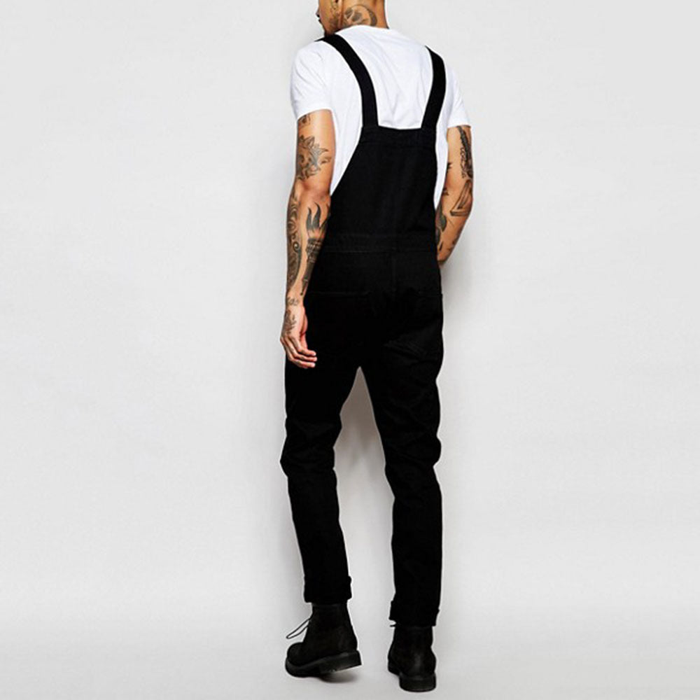 Black men's casual overalls with adjustable straps, offering a modern fit and utility pockets for a relaxed fashion look.