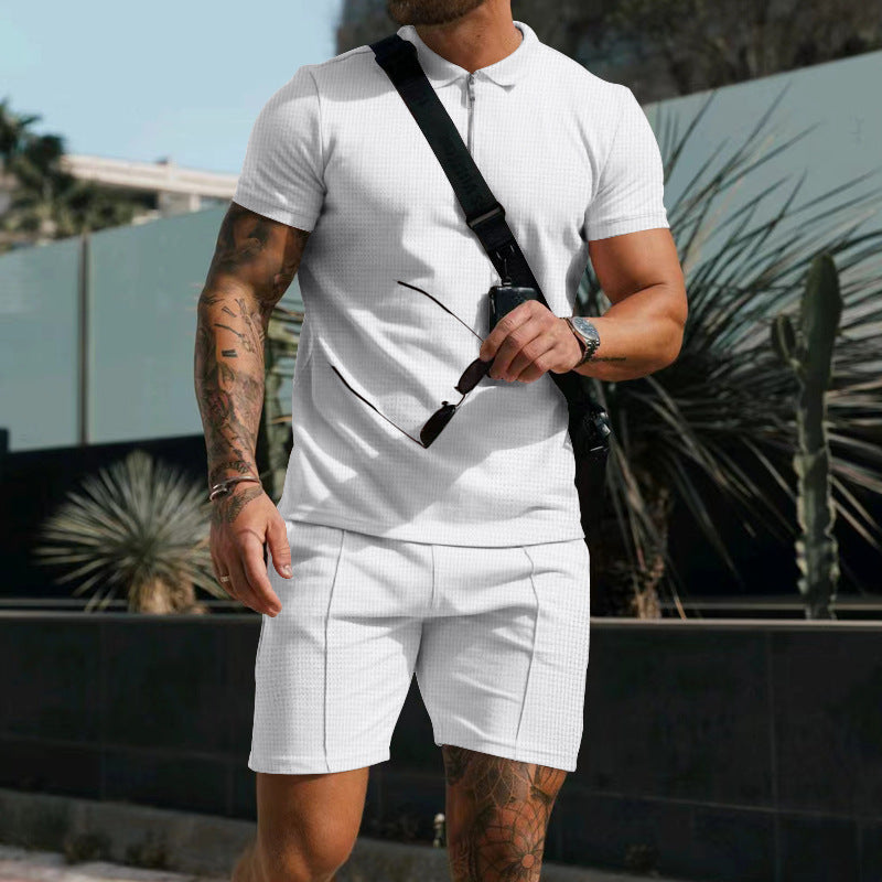 Fashionable men's sports shorts and T-shirt set with distinct contrast details, ideal for versatile wear.