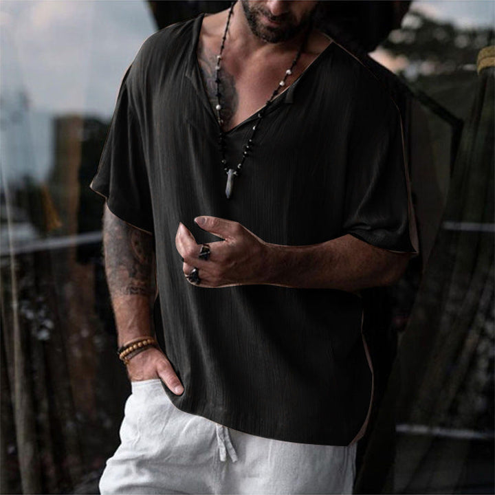Everyday men's short sleeve V-neck top with a relaxed fit, ideal for casual summer outings.