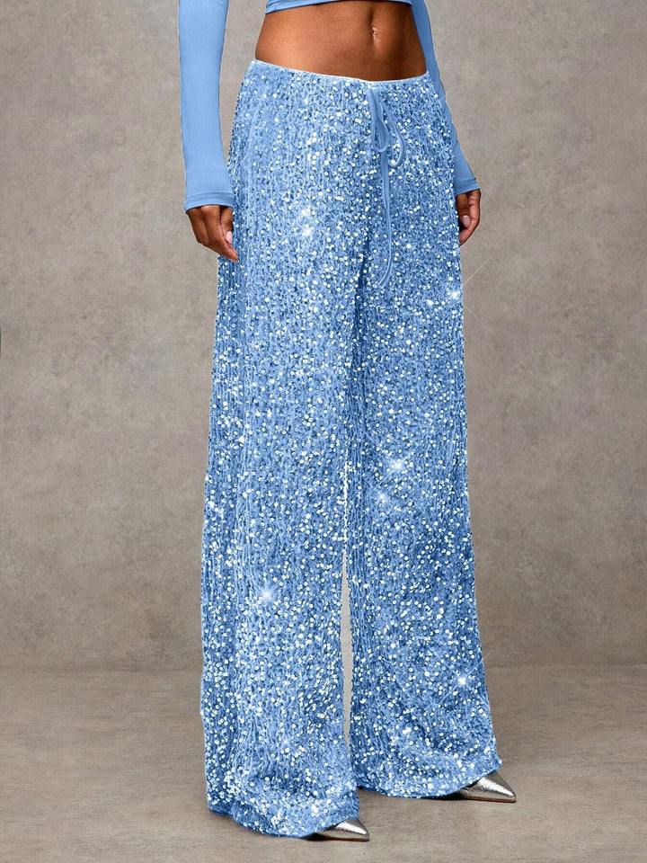 Women's sparkling palazzo pants, elegant wide-leg sequin bottoms for parties & festive wear.