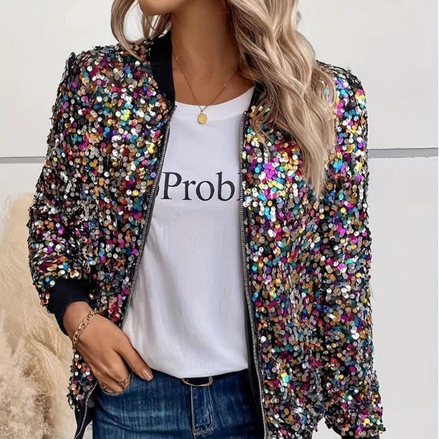 Women's sparkling sequin jacket with comfortable cuffs, perfect for evening wear or parties.