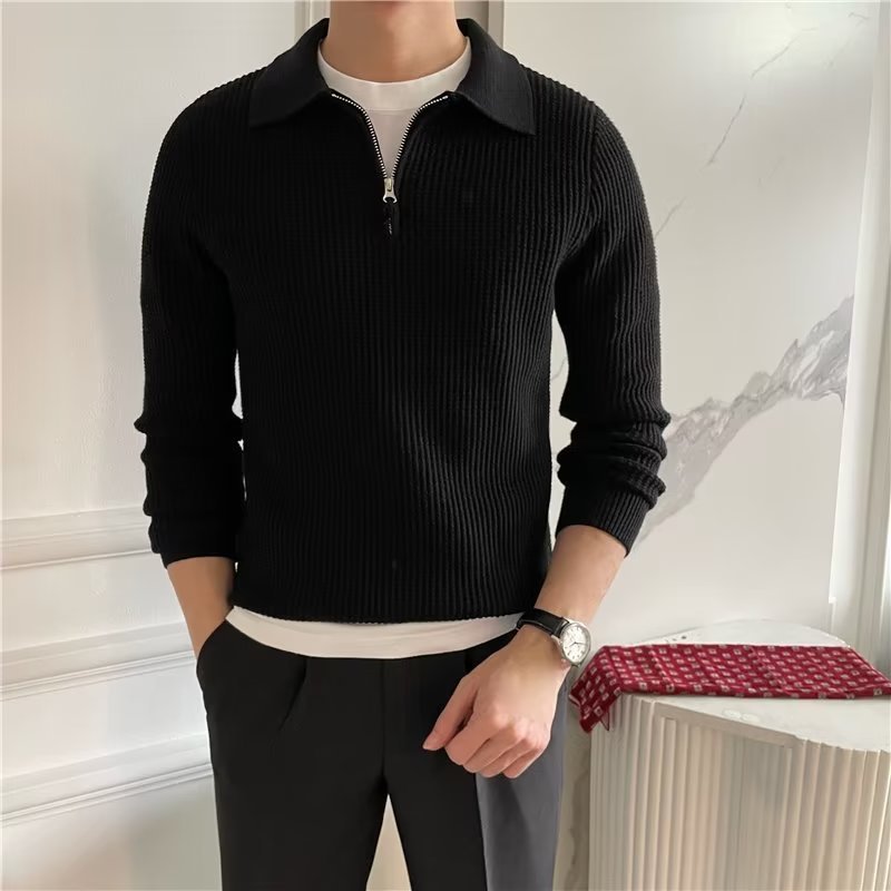 Men's comfortable long-sleeve zip-up polo sweater, perfect for smart casual & fall fashion.