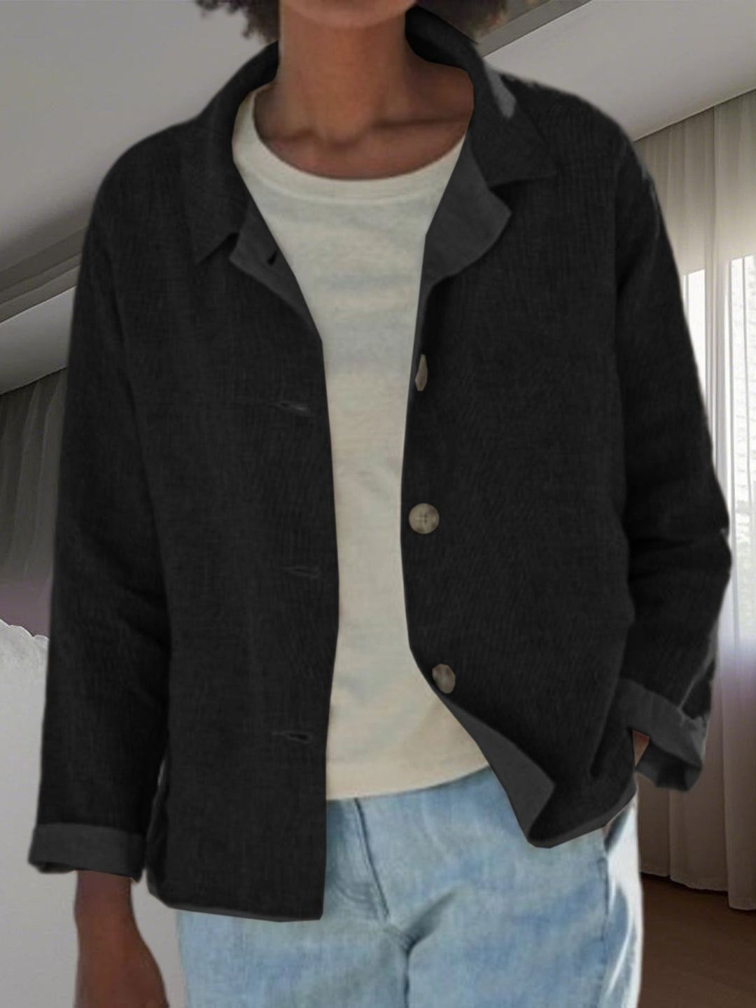 Everyday women's lightweight buttoned jacket. Casual spring/fall outerwear for comfortable, versatile style.