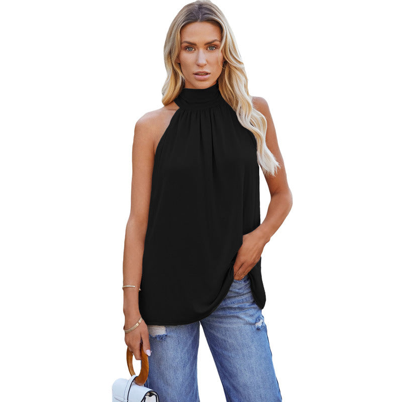 Sleeveless high-neck women's top, an elegant & comfortable summer essential for chic casual wear.