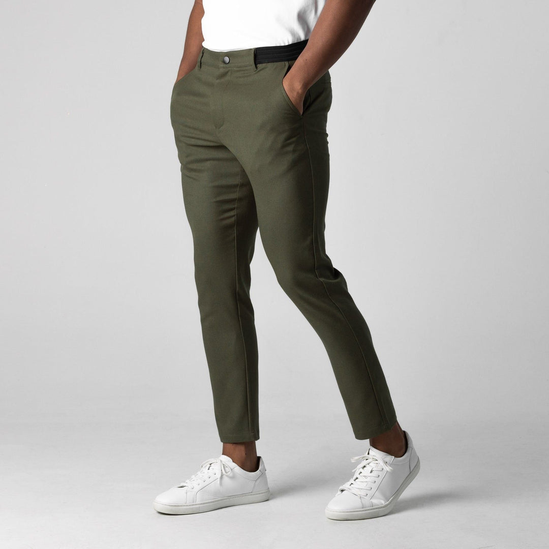 Comfortable men's slim fit chinos with elastic waistband, great for smart casual versatile everyday wear.