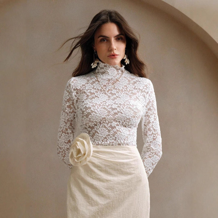 Elegant women's black long-sleeve lace bodysuit with high collar, featuring intricate floral sheer design.