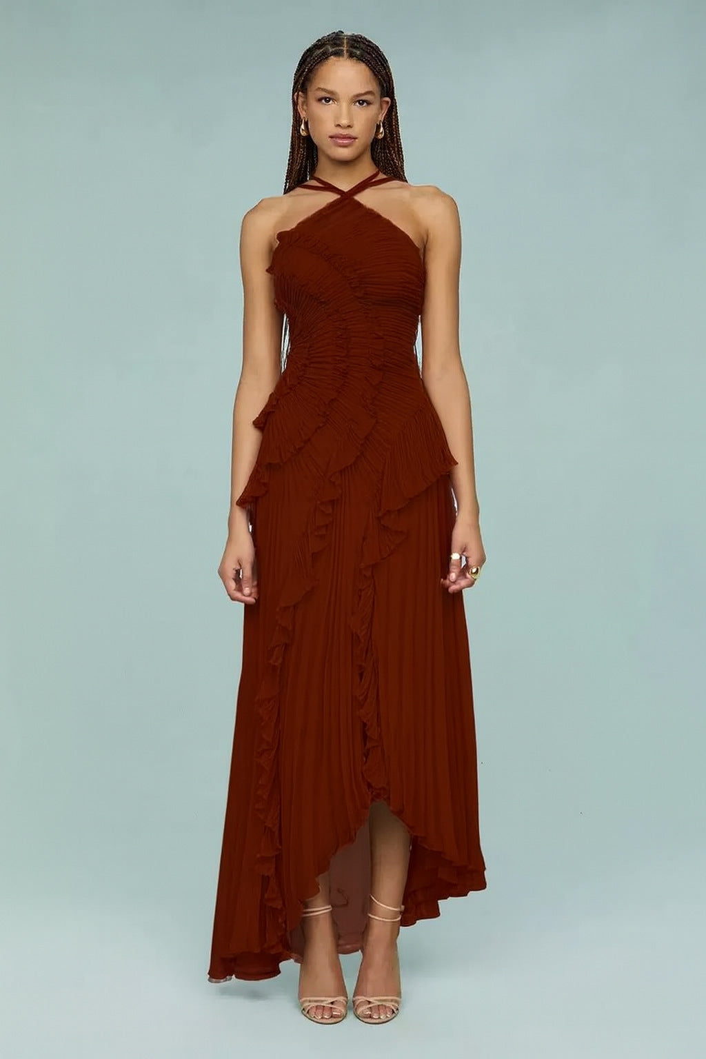 Women's elegant pleated maxi dress with cascading ruffles, suitable for any formal or semi-formal event.