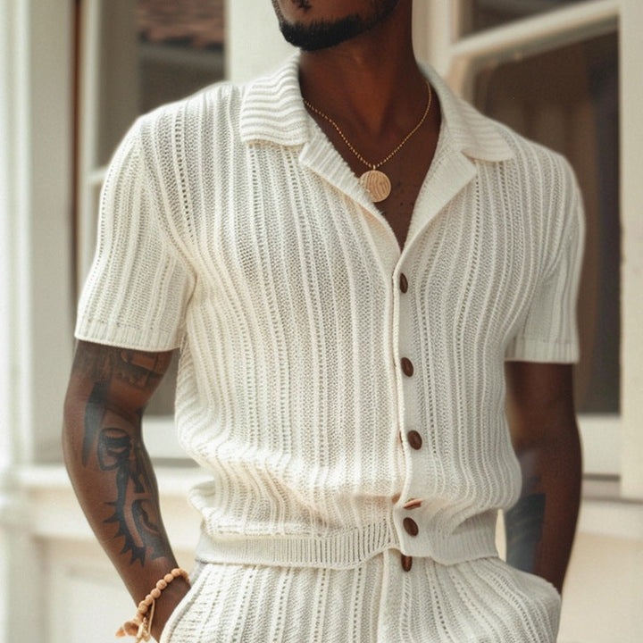 Men's knit shorts set with ribbed polo shirt, perfect for casual summer wear & comfortable loungewear. Slim fit.