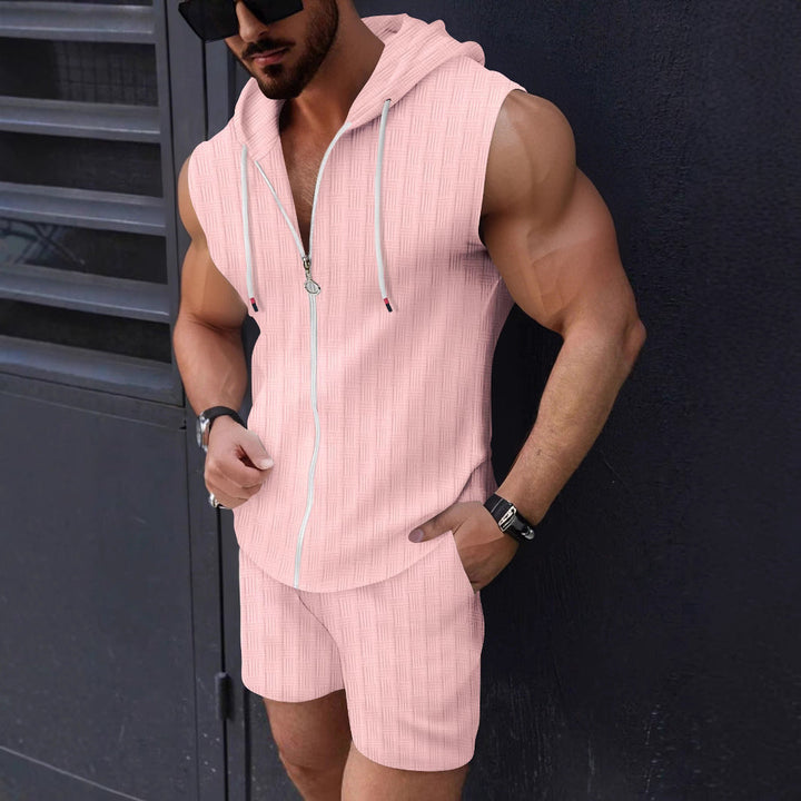 Men's casual sleeveless hoodie & shorts set. Zip-up activewear for summer comfort.