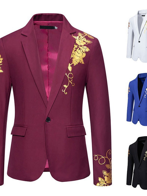 Elegant men's party blazer featuring a sophisticated floral pattern, enhancing formal attire.