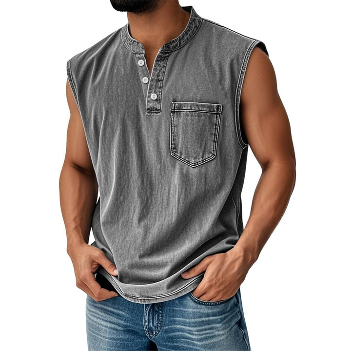 Summer men's sleeveless top featuring button placket & chest pocket. Casual comfort wear for any day.