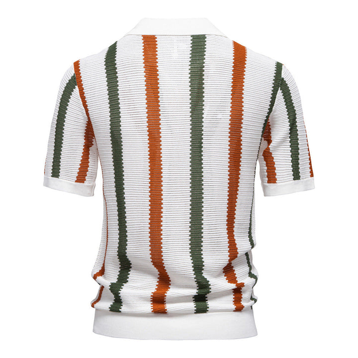 Stylish men's knit polo featuring vertical stripes & a comfortable open collar; ideal for summer fashion.