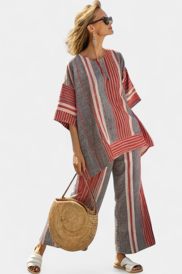 Comfortable coral gray striped top & wide-leg pants set for women, a fashionable two-piece summer casual outfit.