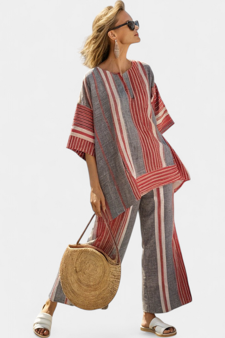 Comfortable coral gray striped top & wide-leg pants set for women, a fashionable two-piece summer casual outfit.