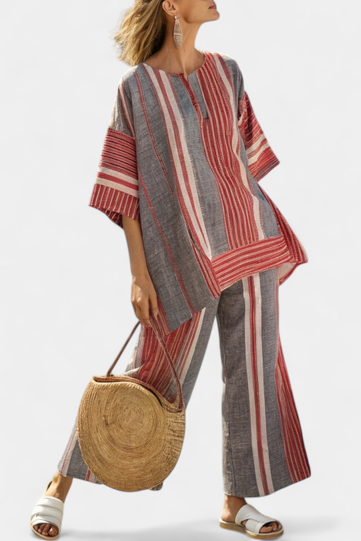 Elegant women's coral gray striped two-piece set featuring a comfy top & wide-leg pants, perfect for summer resort wear.