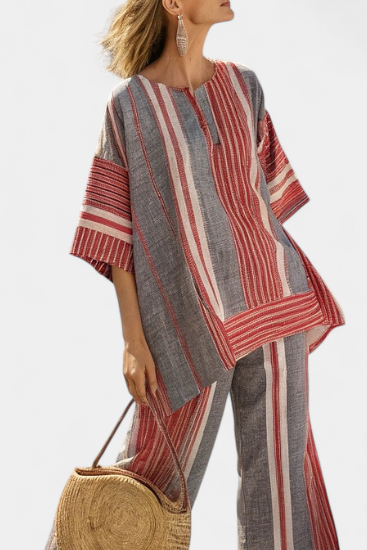 Stylish women's striped top & wide-leg pants set in coral gray, a comfortable and chic summer casual outfit.