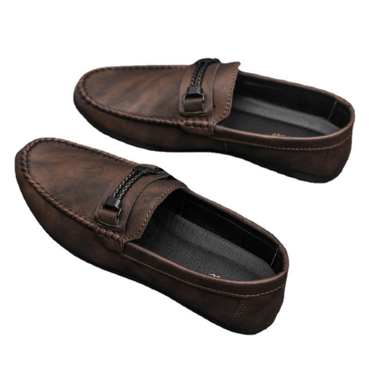 Brown men's slip-on moccasins with durable sole. Classic driving shoes for everyday comfort.
