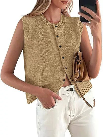 Fashionable women's knitted vest, casual sleeveless top with a round neck and stylish button placket. Everyday versatile.