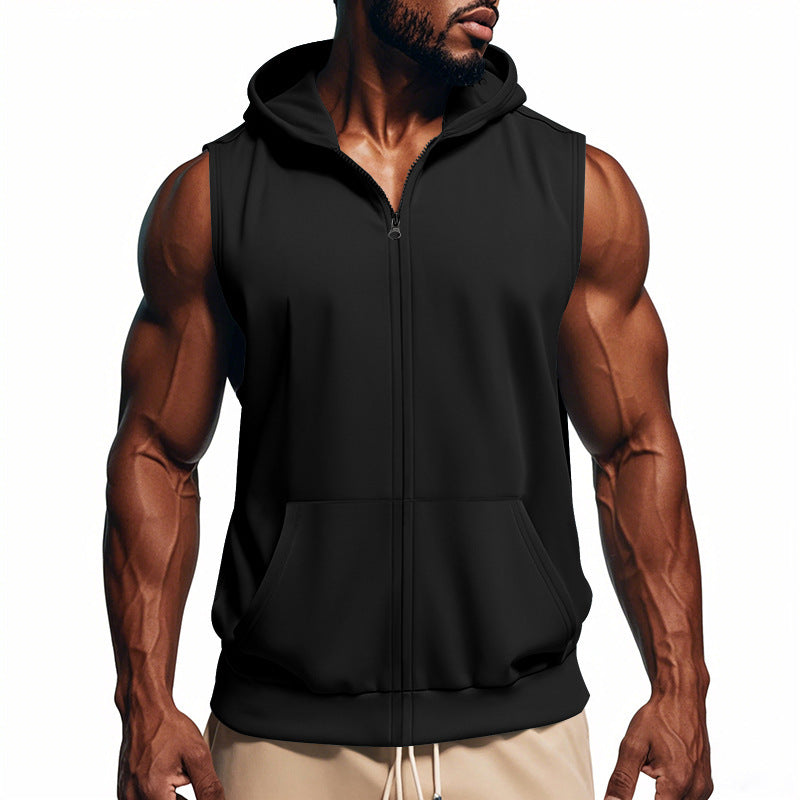 Durable men's full-zip hooded outdoor vest, ideal for sporty layering and comfort.