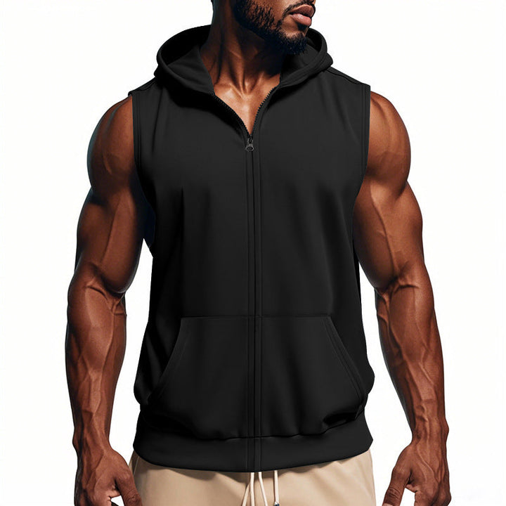 Durable men's full-zip hooded outdoor vest, ideal for sporty layering and comfort.