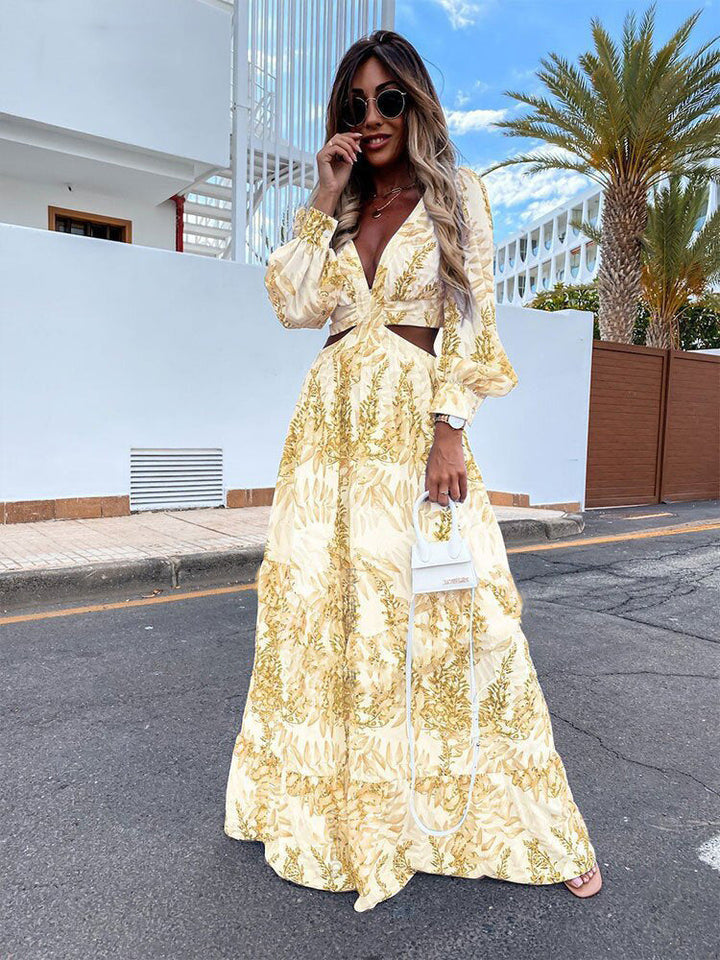 Women's elegant V-neck long maxi dress, featuring a ruffled hem. Ideal for summer casual or party wear.