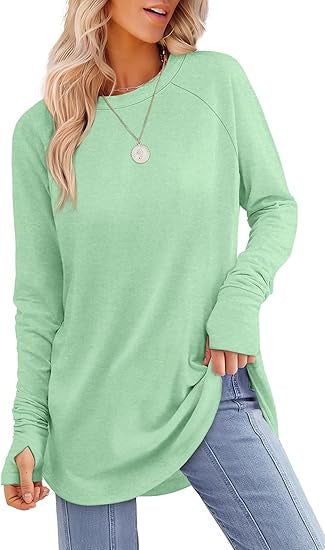 Back of women's long sleeve tee, showing the modern cut & comfortable apparel design.