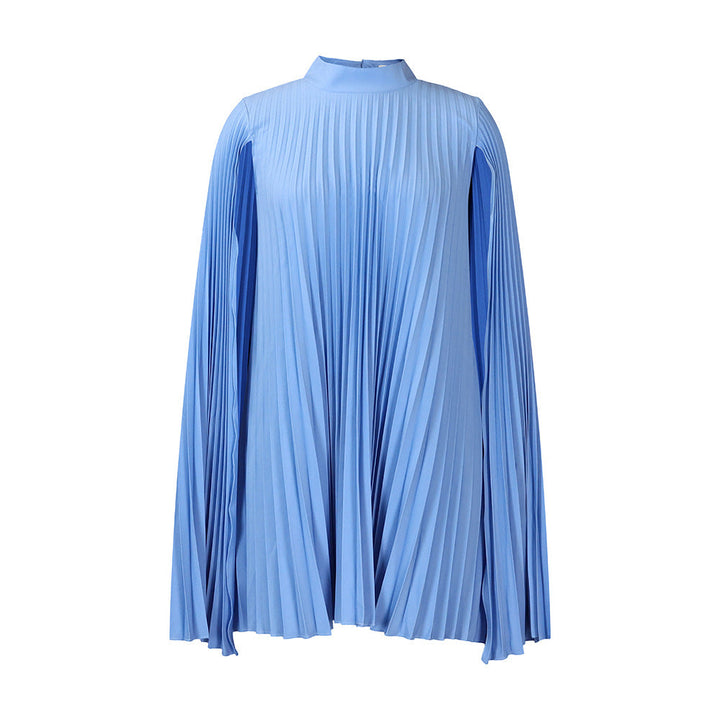 Elegant women's black pleated cape dress. High collar, long sleeves. A chic formal gown for evening & events.