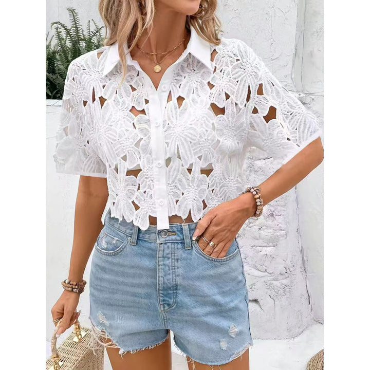 Feminine short sleeve floral crochet top, a versatile blouse for summer fashion and elegant casual outfits.