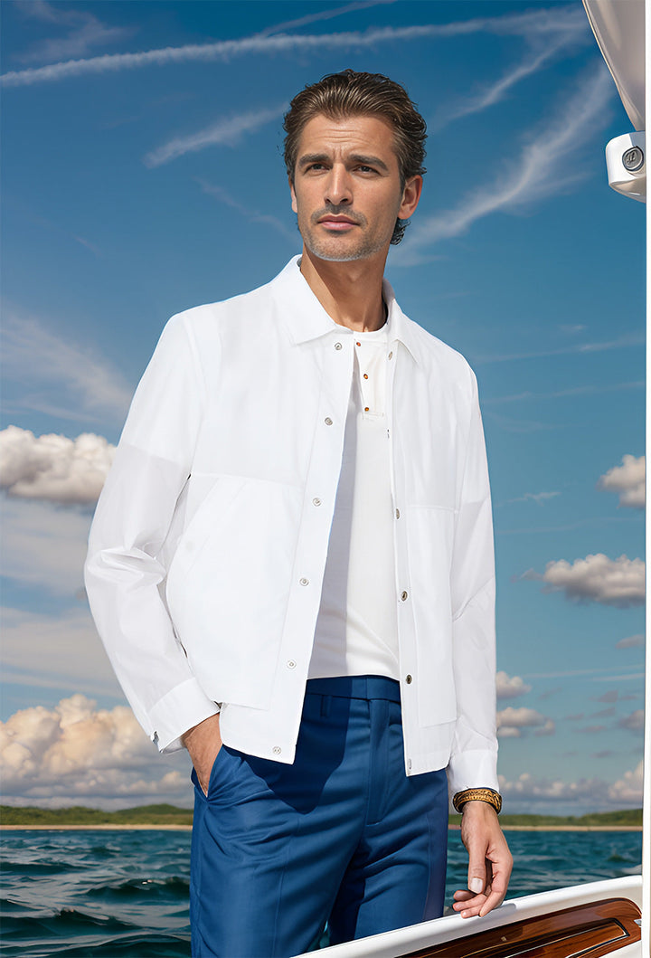 Functional men's summer activewear jacket, lightweight & airy with secure snap closure.