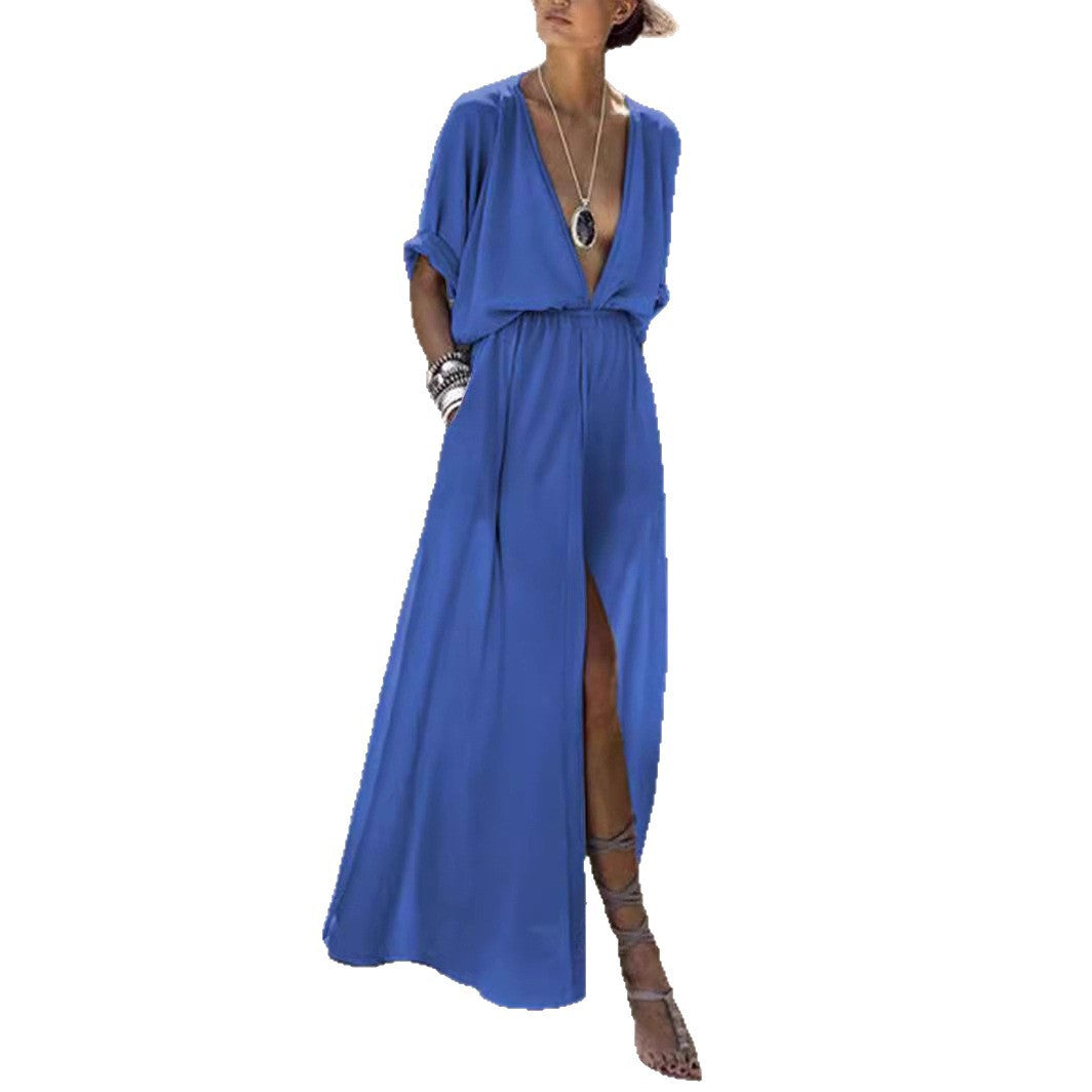 Stylish women's deep V-neck maxi dress, a long flowy design with a captivating high slit for modern fashion.