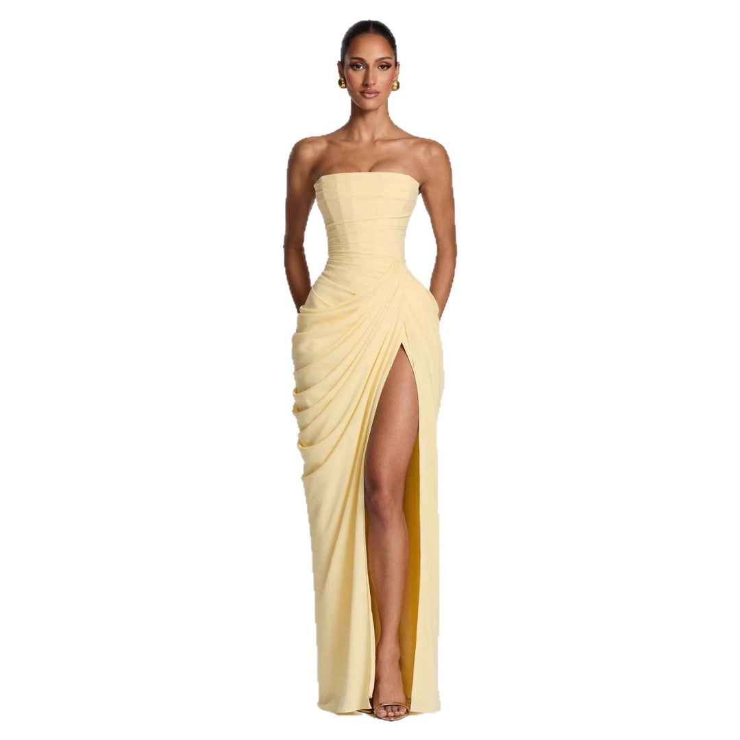 Formal long sleeve dress for wedding guests, elegant draping and a stylish high slit, perfect for special events.