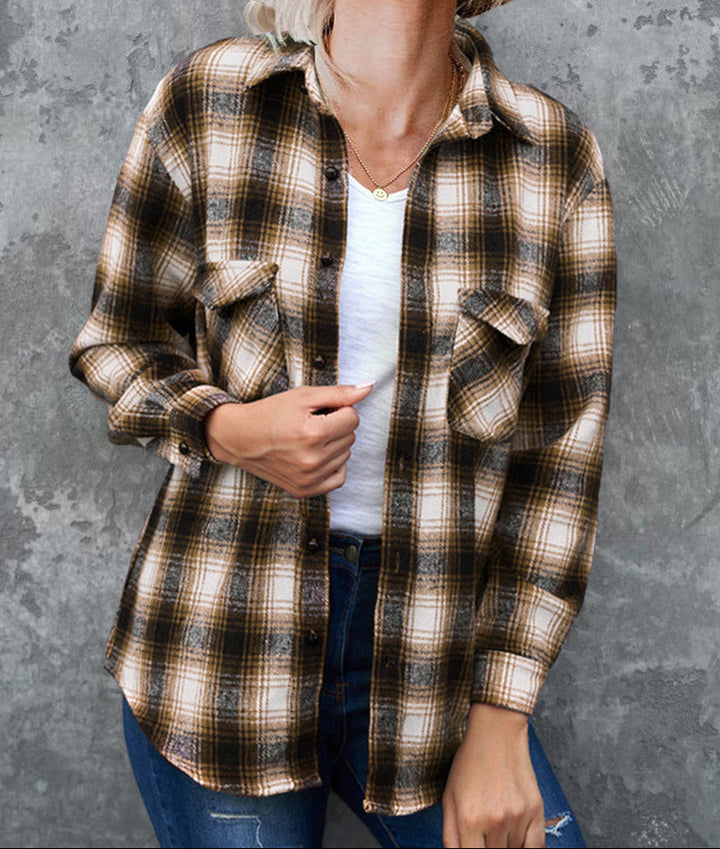 Cozy women's checked shacket, comfortable and stylish for fall and winter outerwear.