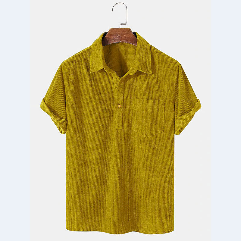 Men's striped polo shirt with chest pocket, short sleeves, & button placket. Casual & stylish for summer.