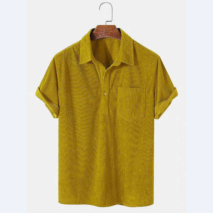 Men's striped polo shirt with chest pocket, short sleeves, & button placket. Casual & stylish for summer.